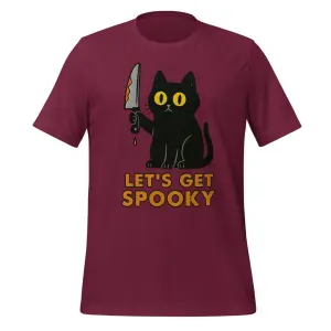 unisex-staple-t-shirt-maroon-front-68b66890eb5cf.jpg Let’s Get Spooky Halloween Cat T-Shirt – Funny Scary Black Cat Graphic Tee