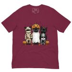 unisex-staple-t-shirt-maroon-front-68bc476829208-1.jpg Halloween Cats Shirt – Cute Black Cats in Costumes with Pumpkins