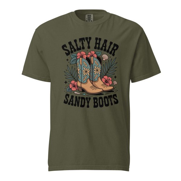 unisex-garment-dyed-heavyweight-t-shirt-sage-front-69cf02f1b3b1b.jpg Salty Hair Sandy Boots Graphic Tee – Retro Coastal Cowgirl Aesthetic