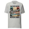 unisex-staple-t-shirt-athletic-heather-front-69cc68d11d374.jpg Retro Beach T-Shirt - "Take Me Where Summer Never Ends" Vintage Sunset Tee - Tropical Palm Tree Surf Shirt - Summer Vacation Graphic Tee