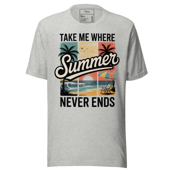 unisex-staple-t-shirt-athletic-heather-front-69cc68d11d374.jpg Retro Beach T-Shirt - "Take Me Where Summer Never Ends" Vintage Sunset Tee - Tropical Palm Tree Surf Shirt - Summer Vacation Graphic Tee