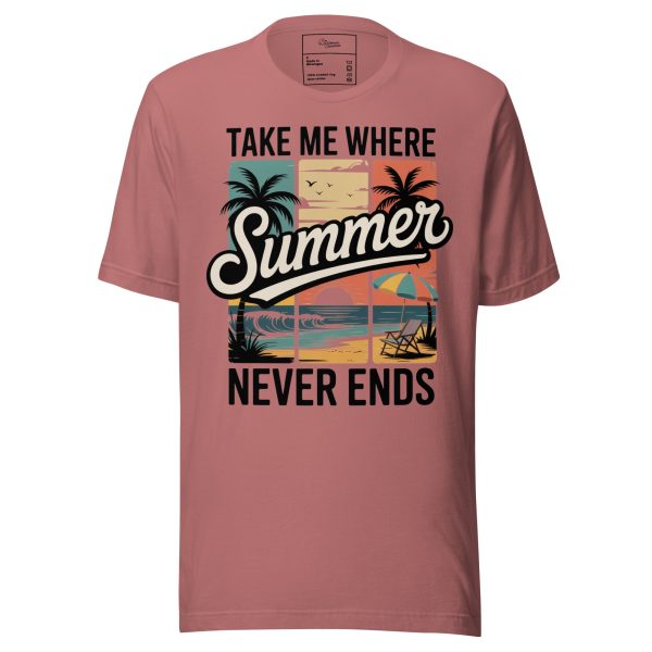 unisex-staple-t-shirt-mauve-front-69cc68d11e6f2.jpg Retro Beach T-Shirt - "Take Me Where Summer Never Ends" Vintage Sunset Tee - Tropical Palm Tree Surf Shirt - Summer Vacation Graphic Tee