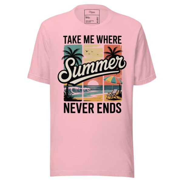 unisex-staple-t-shirt-pink-front-69cc68d11f188.jpg Retro Beach T-Shirt - "Take Me Where Summer Never Ends" Vintage Sunset Tee - Tropical Palm Tree Surf Shirt - Summer Vacation Graphic Tee
