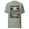 unisex-staple-t-shirt-sage-front-69cc68d121cac.jpg Retro Beach T-Shirt - "Take Me Where Summer Never Ends" Vintage Sunset Tee - Tropical Palm Tree Surf Shirt - Summer Vacation Graphic Tee