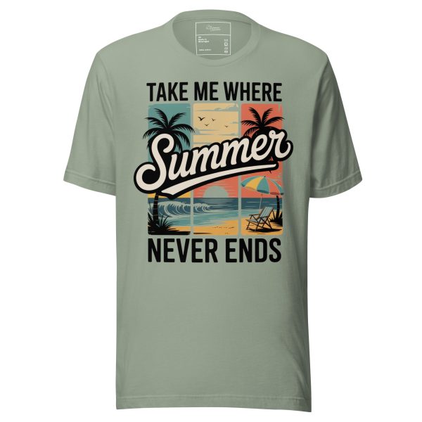 unisex-staple-t-shirt-sage-front-69cc68d121cac.jpg Retro Beach T-Shirt - "Take Me Where Summer Never Ends" Vintage Sunset Tee - Tropical Palm Tree Surf Shirt - Summer Vacation Graphic Tee