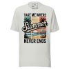 unisex-staple-t-shirt-silver-front-69cc68d11fb6a.jpg Retro Beach T-Shirt - "Take Me Where Summer Never Ends" Vintage Sunset Tee - Tropical Palm Tree Surf Shirt - Summer Vacation Graphic Tee