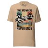 unisex-staple-t-shirt-tan-front-69cc68d1205cd.jpg Retro Beach T-Shirt - "Take Me Where Summer Never Ends" Vintage Sunset Tee - Tropical Palm Tree Surf Shirt - Summer Vacation Graphic Tee