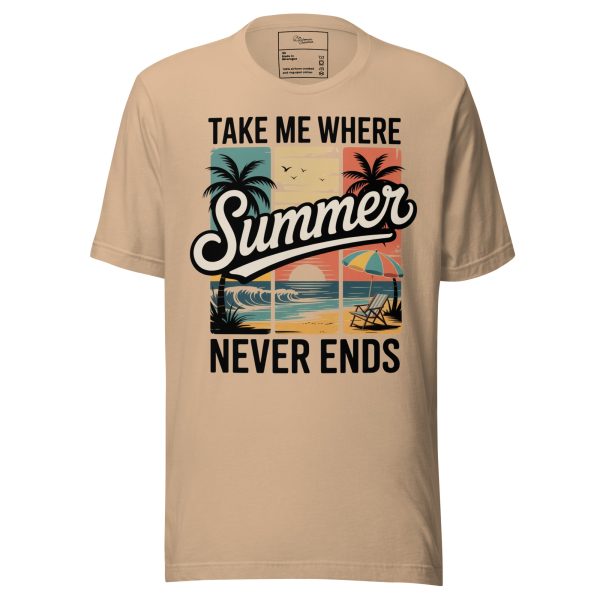unisex-staple-t-shirt-tan-front-69cc68d1205cd.jpg Retro Beach T-Shirt - "Take Me Where Summer Never Ends" Vintage Sunset Tee - Tropical Palm Tree Surf Shirt - Summer Vacation Graphic Tee