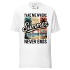 unisex-staple-t-shirt-white-front-69cc68d12111e.jpg Retro Beach T-Shirt - "Take Me Where Summer Never Ends" Vintage Sunset Tee - Tropical Palm Tree Surf Shirt - Summer Vacation Graphic Tee