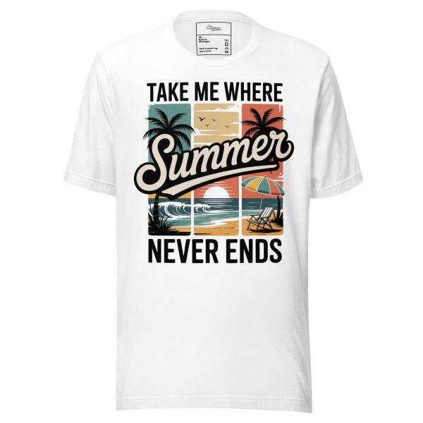 unisex-staple-t-shirt-white-front-69cc68d12111e.jpg Retro Beach T-Shirt - "Take Me Where Summer Never Ends" Vintage Sunset Tee - Tropical Palm Tree Surf Shirt - Summer Vacation Graphic Tee