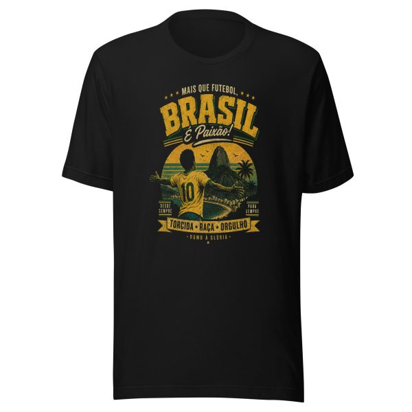 unisex-staple-t-shirt-black-front-6a3bdbe121fdc.jpg Brasil é Paixão Retro Football Tee - Distressed Brazil Soccer Unisex t-shirt